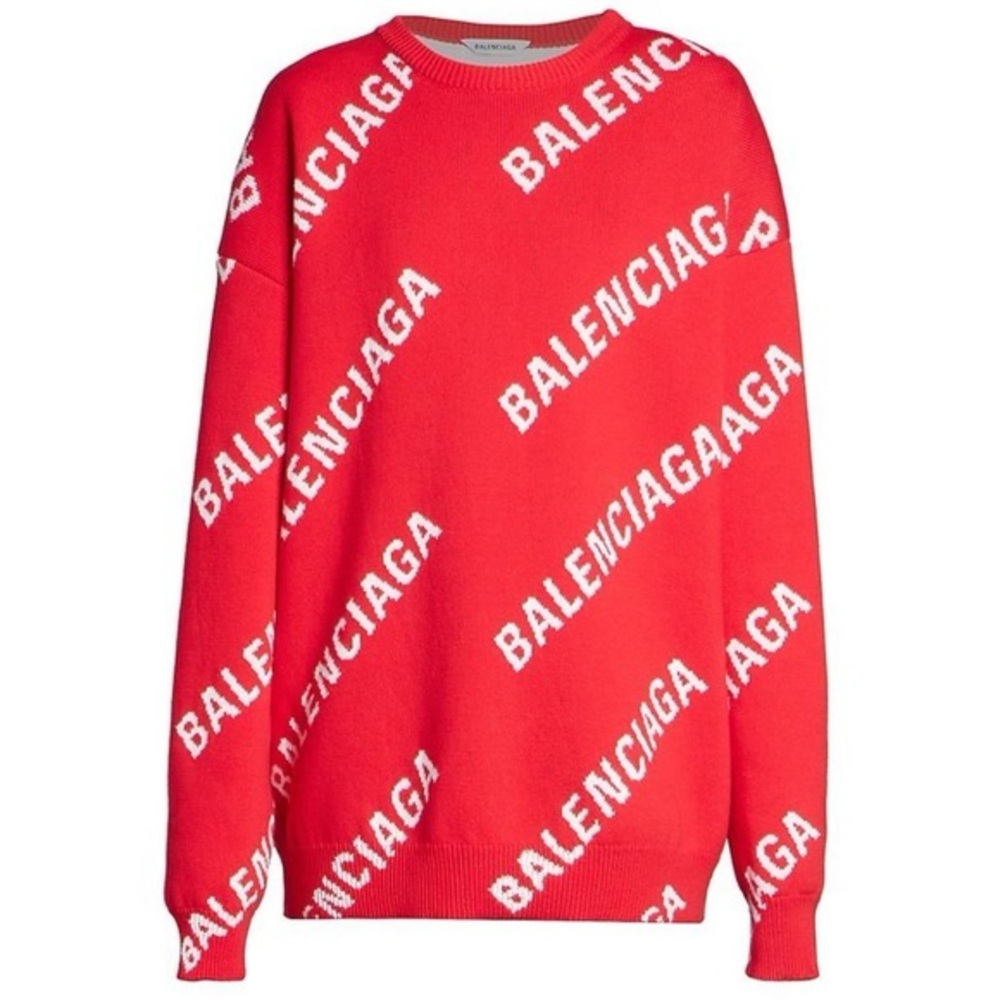 Balenciaga Vibrant Red Crewneck Sweater with White Accents